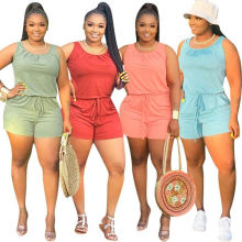 2021 new hot sale sleeveless casual solid jumpsuit plus size one piece short pants women